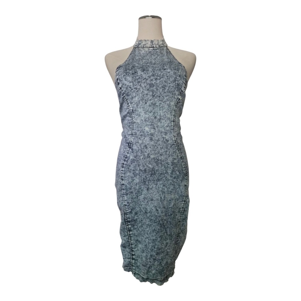 36 Point 5 Acid Wash Denim Look Halter Bodycon Midi Dress Gray Blue Size Small